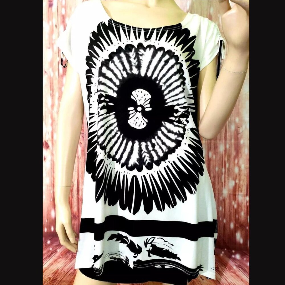 Emilio Pepe Italy Graphic Flower Asymmetrical Hem Adjustable Short Sleeve Top L